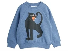 Blå-meleret Mini Rodini sweatshirt med sort pantermotiv foran 1100029960 blue